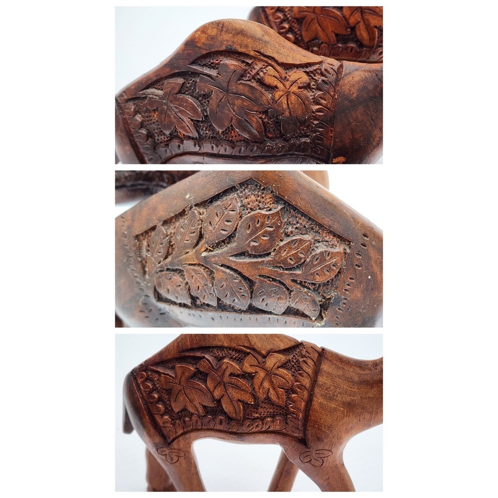 Vintage Hand Carved Standing Wood Camel Sculptures Set Of 3 Bead Eyes Intricate - Picture 9 of 16